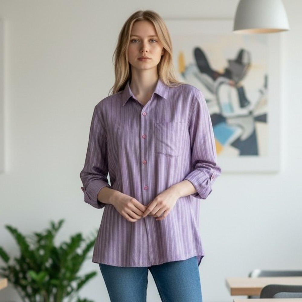 Montique XL Purple Striped Long Sleeve Button Up Shirt Classic Chic Date Night